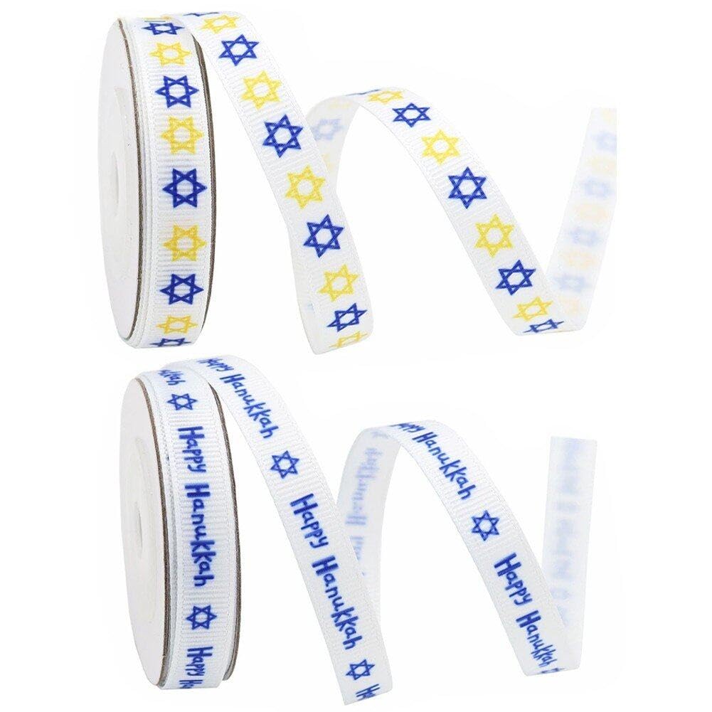 Hrippy As Shown Happy Hanukkah Ribbons Chanukah Star Of David Menorah Grosgrain Craft Ribbons For Wrapping Gifts Diy Crafts Garland Making