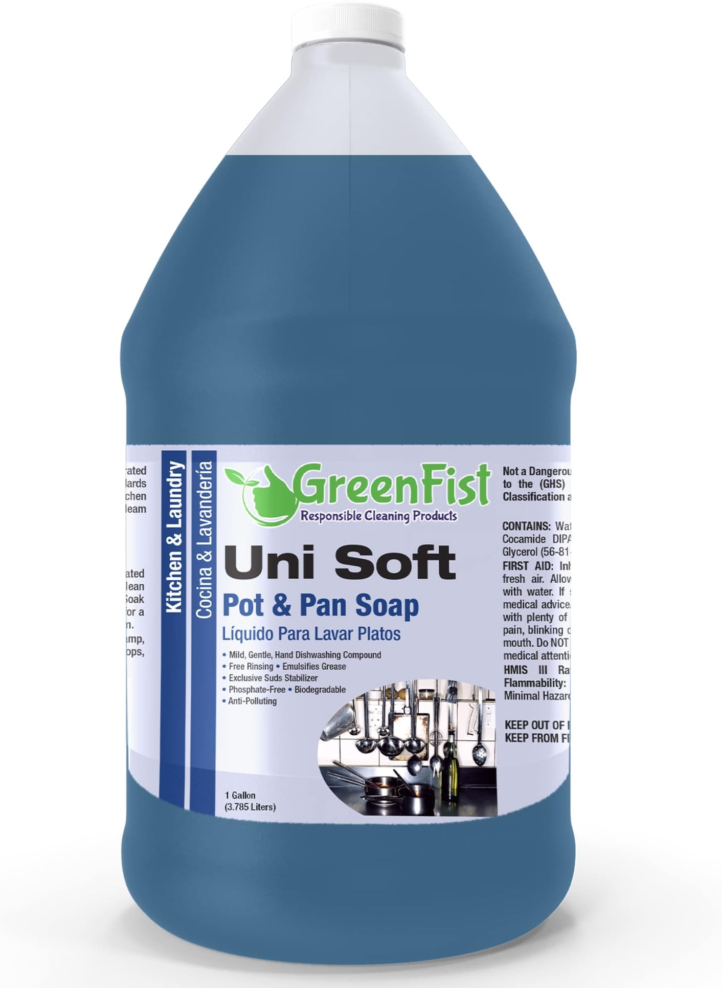 GreenFist Dish Soap Professional Detergent Liquid Pot & Pan Dish-Wash - Light or Heavy Use (Blue Unisoft 1 Gallon)