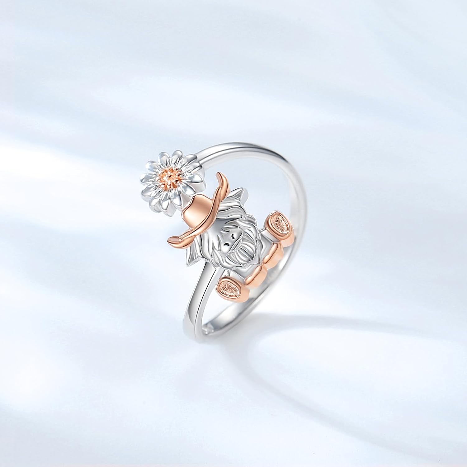 BEILIN Highland Cow Ring 925 Sterling Silver Adjustable Cute Animal Open Rings Cow Jewelry Gift for Women, white - Image 4