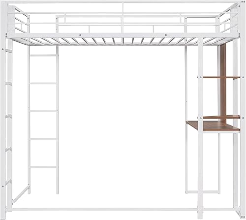 Miniatura 6 de Cama tipo loft de metal tamaño individual con escritorio y estantes marco de litera individual con 2 escaleras y barandilla de longitud completa