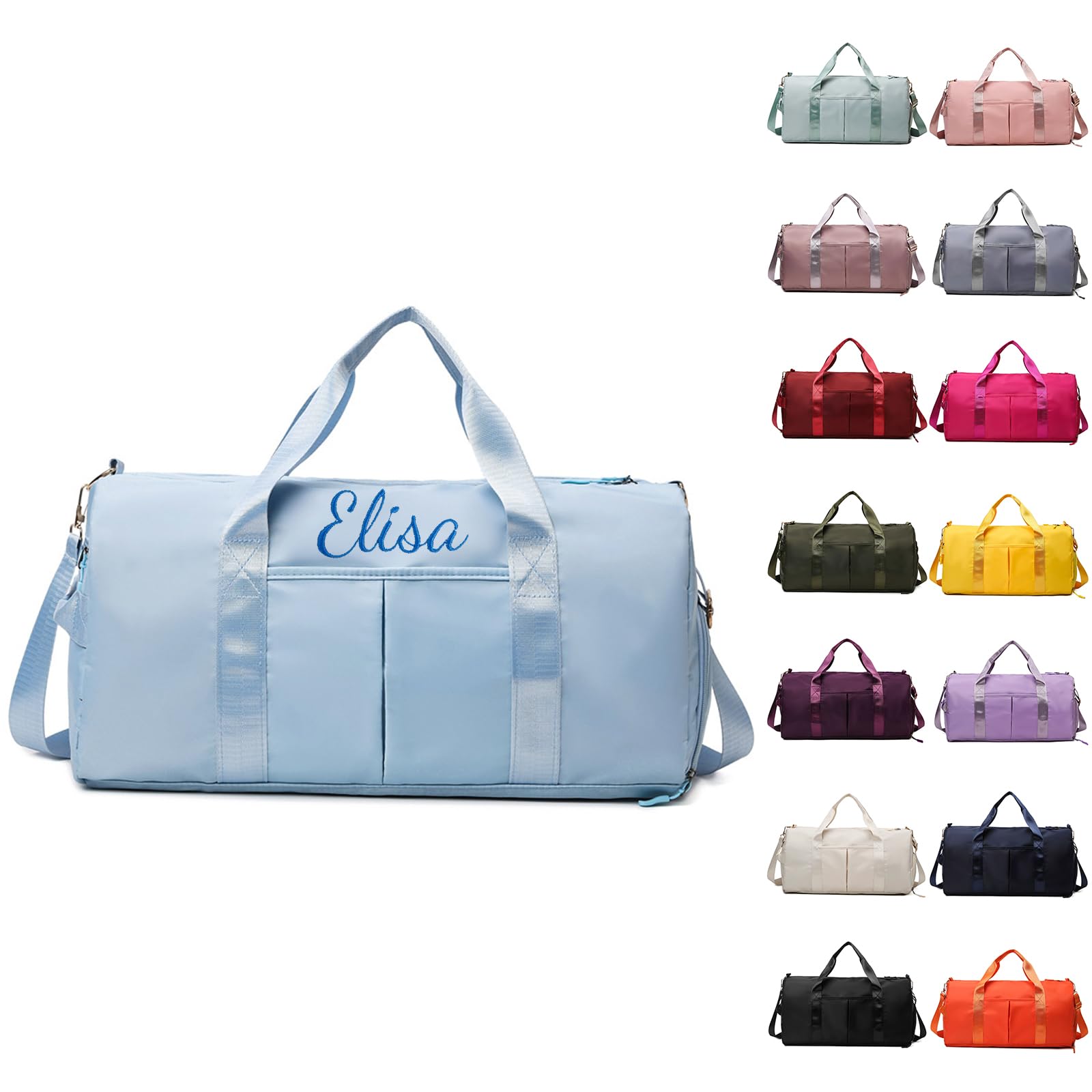 Personalized Gym Bag, Embroidered Travel Bag with Trolley Sleeve, Waterproof Sports Bag with Shoe Compartment, Duffle Bag for Women Weekender Bag Overnight Bag for Hospital and Swimming (Light Blue)