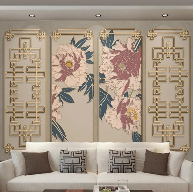 Papier peint photo style chinois pivoine 3D avec fresque en relief doré haut de gamme