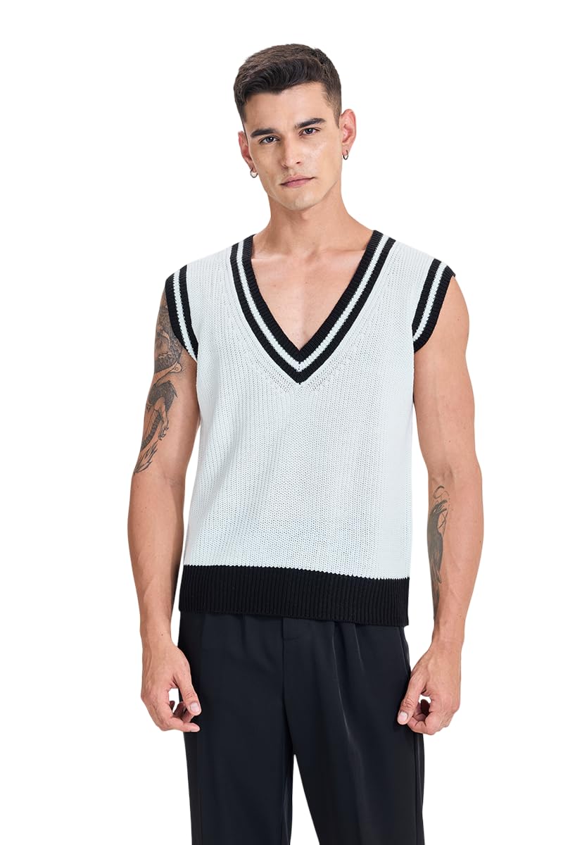 Men's Sleeveless Sweater | Varsity-Inspired Preppy Knitwear with Striped Accents & Contrast Trims | Lightweight Acrylic Knit Top for Casual Layering