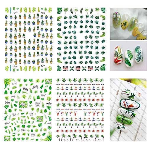 1000+ Pcs Plant Nail Art Stickers Decals 3D Summer Tree Stickers Include Plant Cactus Leaf Grass Ring Coconut Tree With Tweezer For Nail Tip Diy, 12 Sheets (Summer Plant) #TOP3