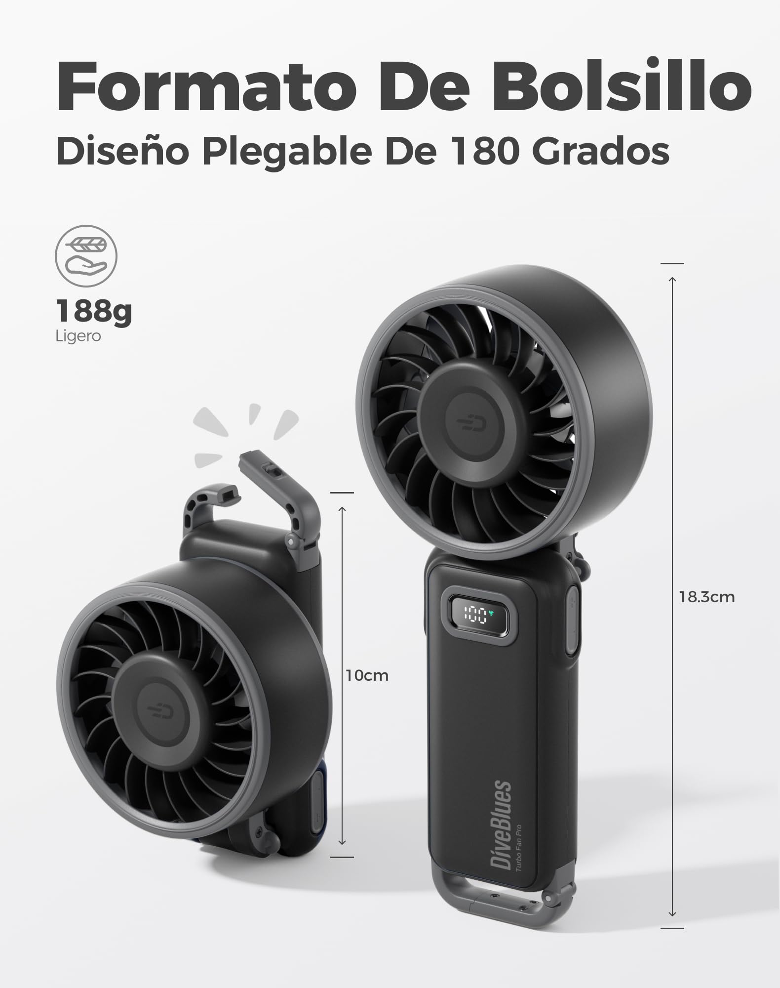 Diveblues - Ventilador Portátil de Mano Plegable con Batería - para Mano, Escritorio y Cuello - 100 Velocidades Ajustables y hasta 12h de Autonomía - Ideal para Viajar, Playa, Camping y Oficina