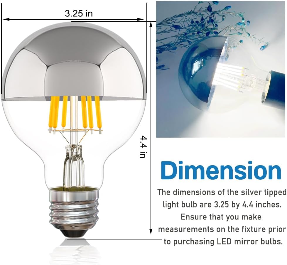 Half Chrome Light Bulb 6W (60 Watt Equivalent), Dimmable G25 Globe 5000K Daylight Decorative LED Edison Bulb, Silver Tipped Light Bulb E26 Base Pack of 6