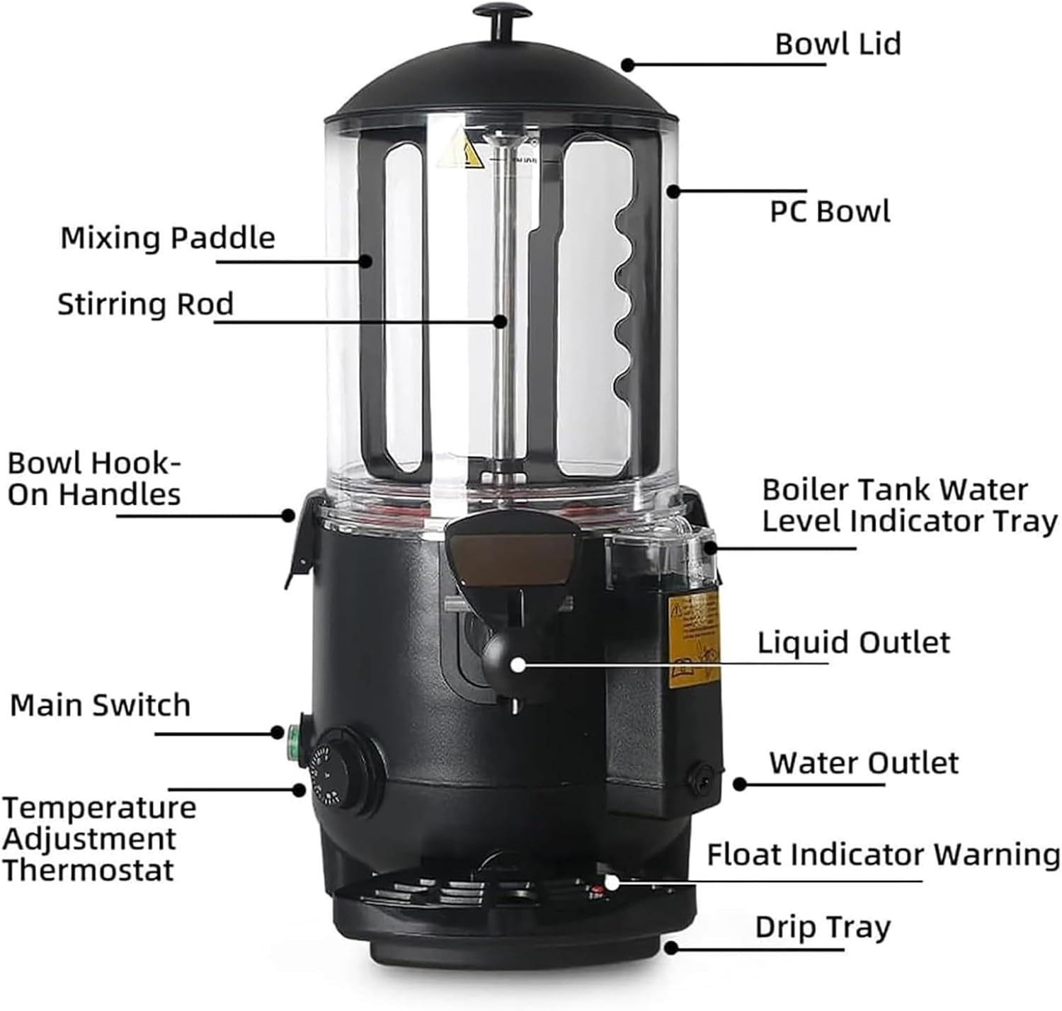 10L Commercial hot Chocolate Maker,1000W Hot Chocolate Machine & Dispenser,20-90℃ Temperature Adjustment with Water Inlet, Stainless Steel, Chocolate Tempering Machine(White)