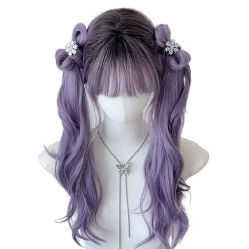 Pokn Jirai Kei Black and Purple Wig Y2K Gradient Long Wig for Women Lolita Long Curly Wigs with Bangs Kawaii Accessory Purple