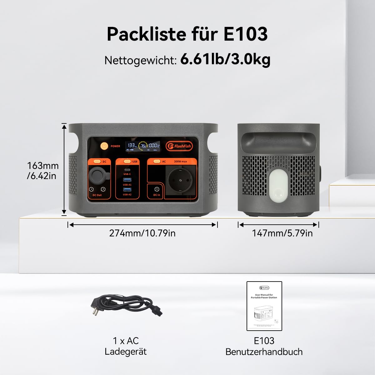 FlashFish 300W Tragbares Powerstation mit Solarpanel 100W, 179,2Wh LiFePO4 Akku, Schnellladung 0–80% in 1 Std, EPS-Funktion,Multifunktions Solar Generator für Camping, Draußen, Reisen, Notfälle