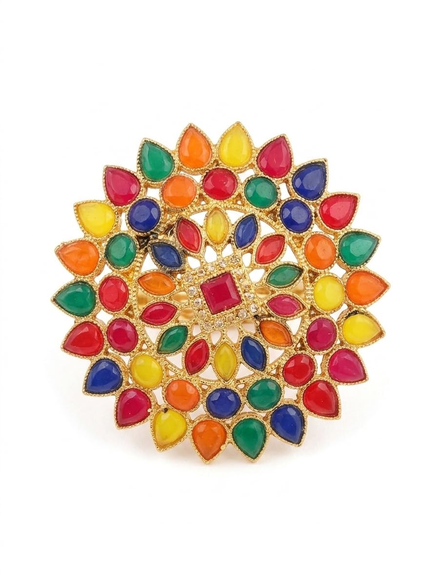 Multicolour Navratna-Style Sunflower Statement Ring, Adjustable, Gold-Toned Setting-picture-23