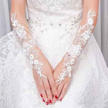 ブライダルグローブwith a White Amazon | フラワー柄レース付きフィンガーレスグローブ サテン