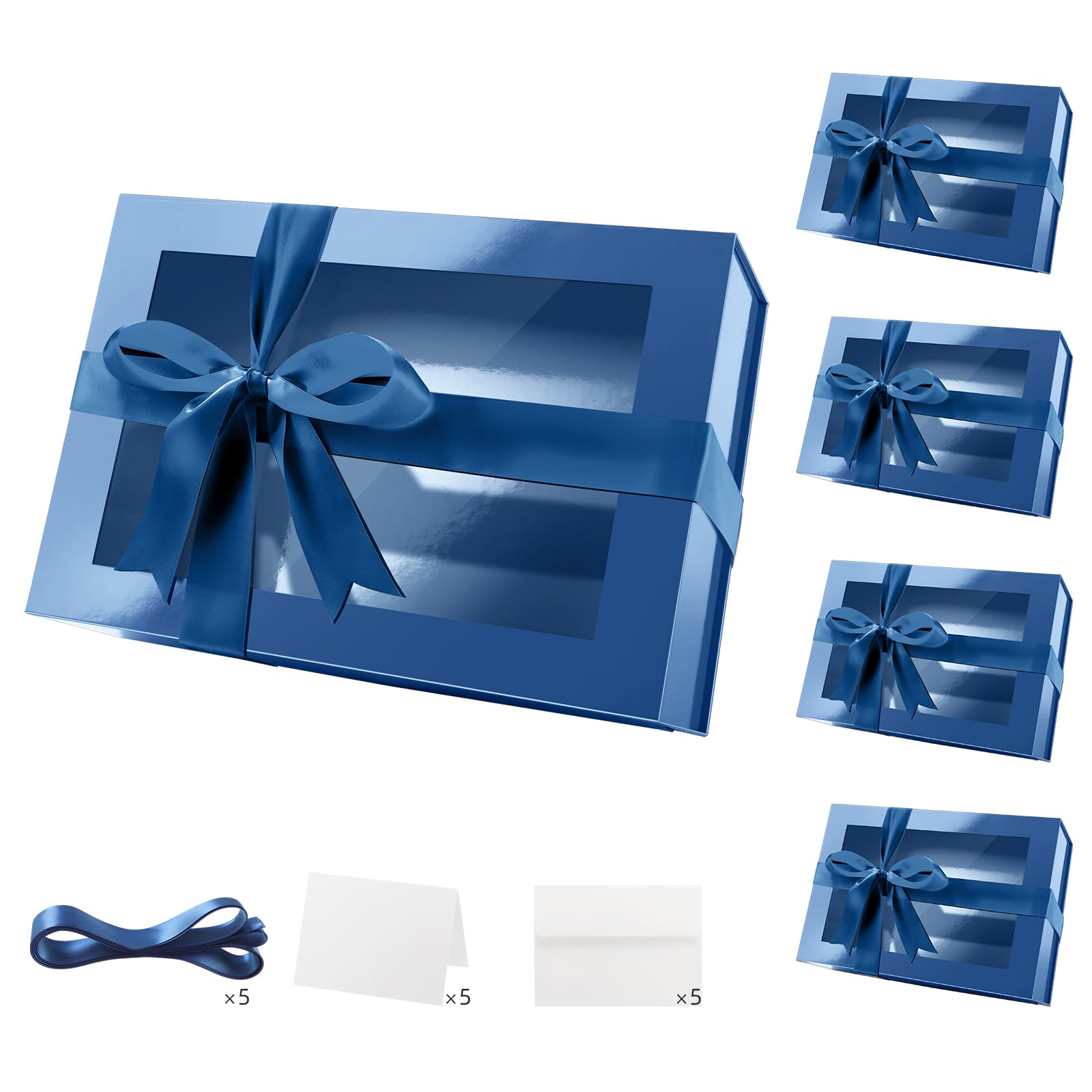PACKQUEEN 5 große blaue Oster-Geschenkboxen mit Fenster, 34,9 x 22,9 x 10,4 cm, transparente Geschenkboxen für Geschenke enthalten Bänder, Karten, Trauzeugen-Antragsboxen, Boxen mit magnetischen