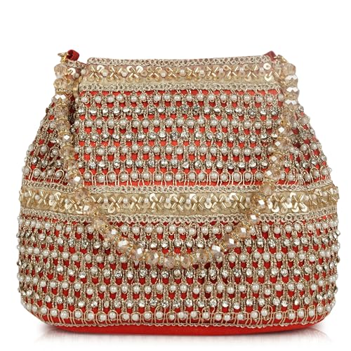 Image of Nevis Silk Fabric Premium Pearl & Crystal Embroidered Potli Bag for Women | Ethnic Bridal Clutch with Golden Handle | Party & Wedding