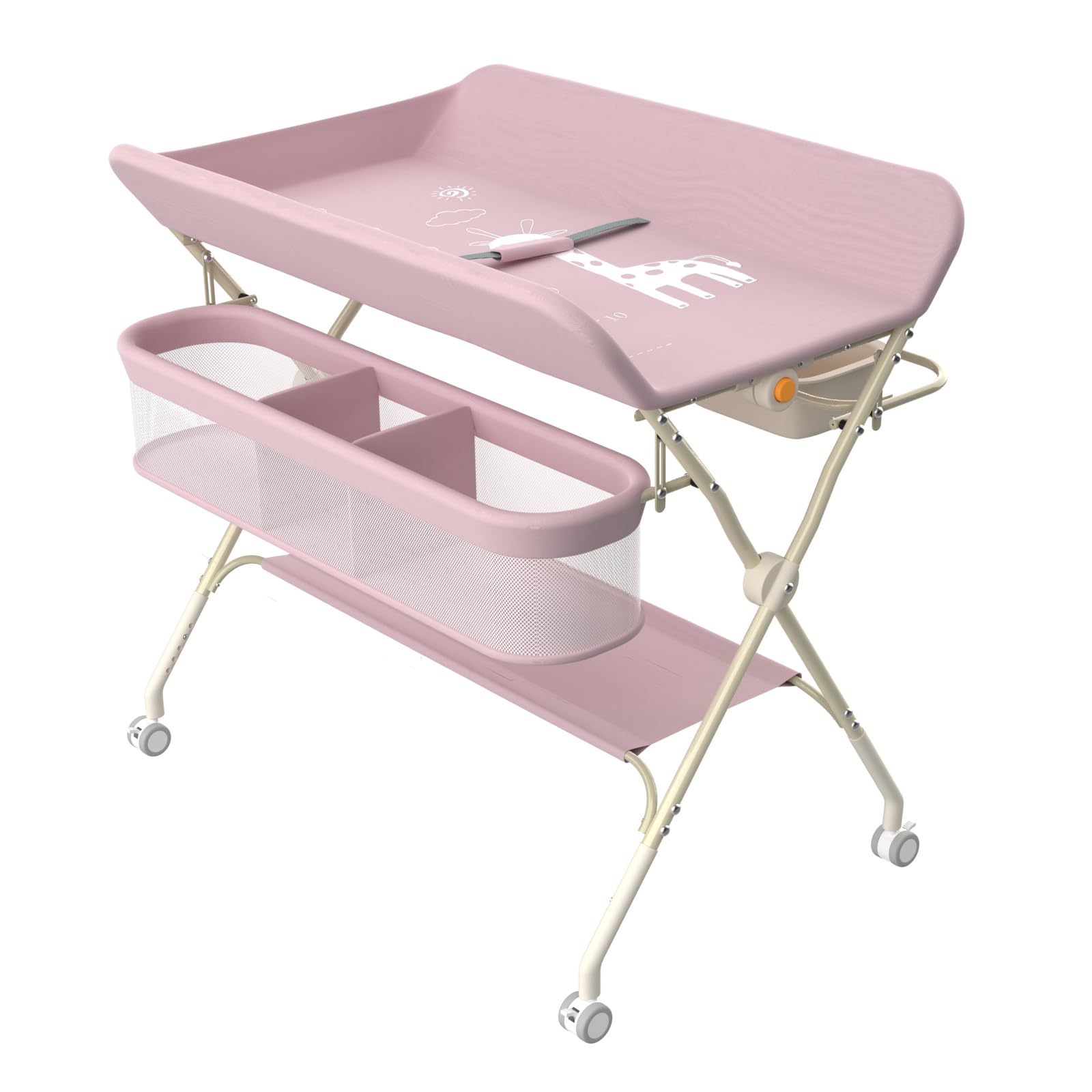 Klappbare Wickelkommode, Baby Wickelkombi, mobiler Wickeltisch mit Wickelauflage und Ablagefächern, platzsparend und stabil,75 x 68 x 83–91 cm (A) (Rosa)