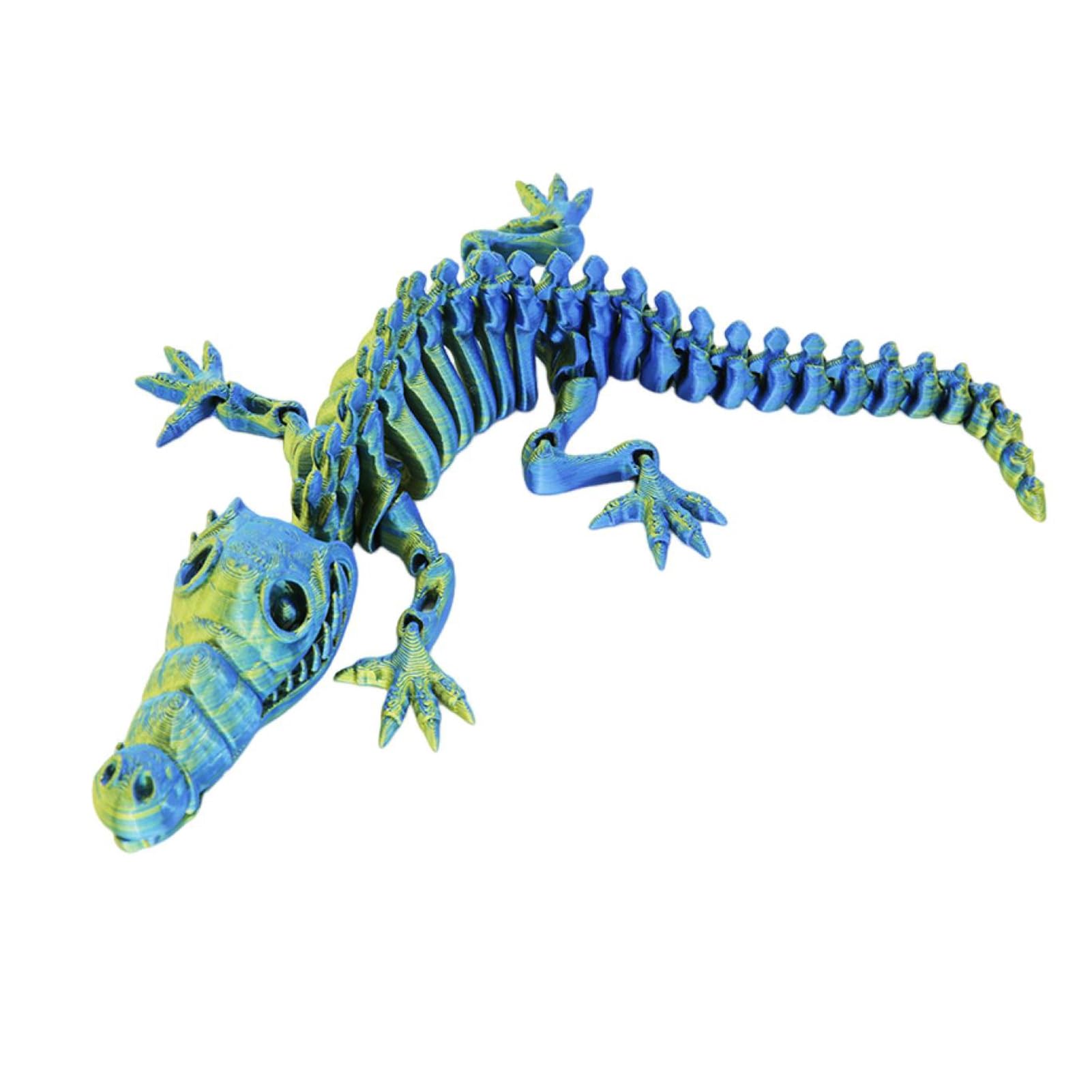 Shienfir 3d Printed Crocodile Sculpture Figurine Skeleton with Movable Joints Articulated Animal Model Toy for Home Office Desktop Blue 33cm