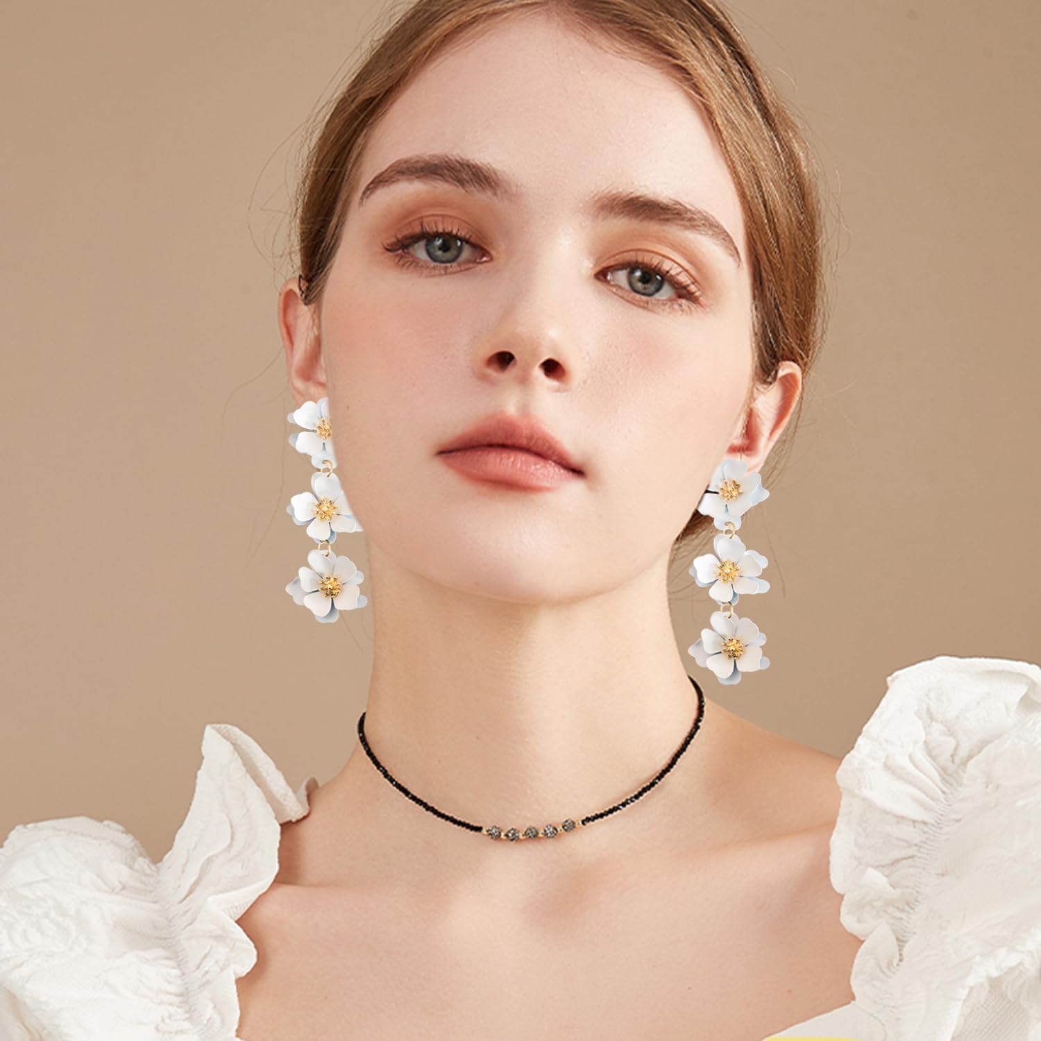 Elegant Bohemian Matte Tiered Triple Flower Dangle Drop Earrings Chic Charm Cute Long Floral Stud Earrings for Women Statement Jewelry Gifts - Image 3