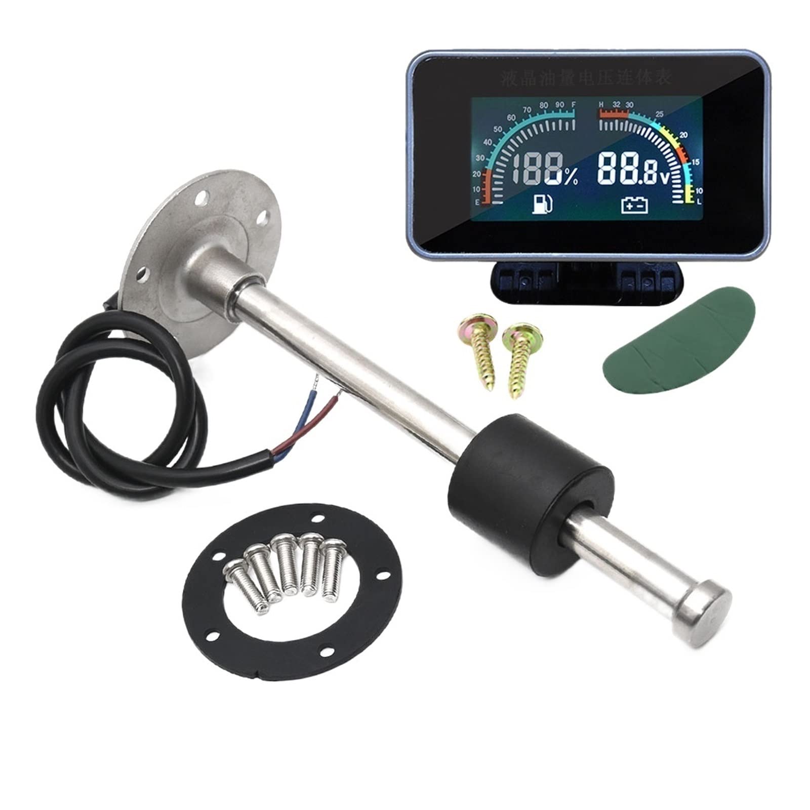 Czujnik poziomu paliwa, 2 w 1 LCD wskaźnik samochodowy poziom paliwa + miernik napięcia do czujnika poziomu paliwa łodzi morskiej 0~190 Ohm z 150 200 225 250 275 300mm(250mm Sensor)