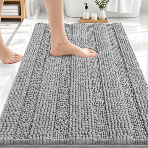 Image of OLANLY Thick Bathroom Rugs 30x20, Extra Soft Absorbent Chenille Striped Bath Rugs, Rubber Backing, Machine Wash Dry, Bath Mats for Bathroom Floor, Tub and Shower, Home Decor Accessories, Light Grey