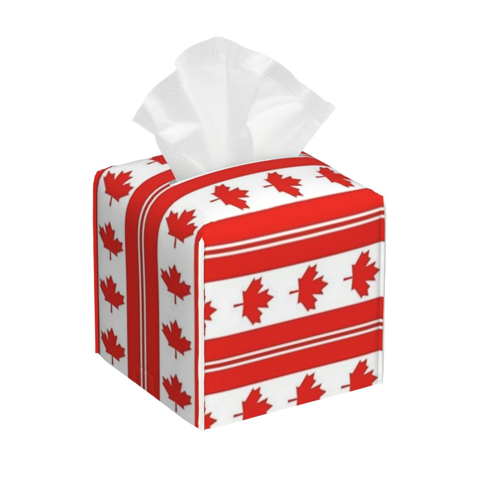 Canadian Maple Leaf Stripe Tissue Box Cover 5" Square Leather Tissue Holder Facial Tissue Case for Tabletop Bedroom Bathroom Desk Decor
