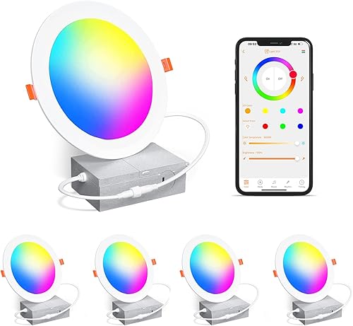 Iluminación empotrable inteligente de 4 pulgadas que cambia de color LED de 12 W, luz de techo empotrada de 1200 lúmenes compatible con Alexa, RGB y