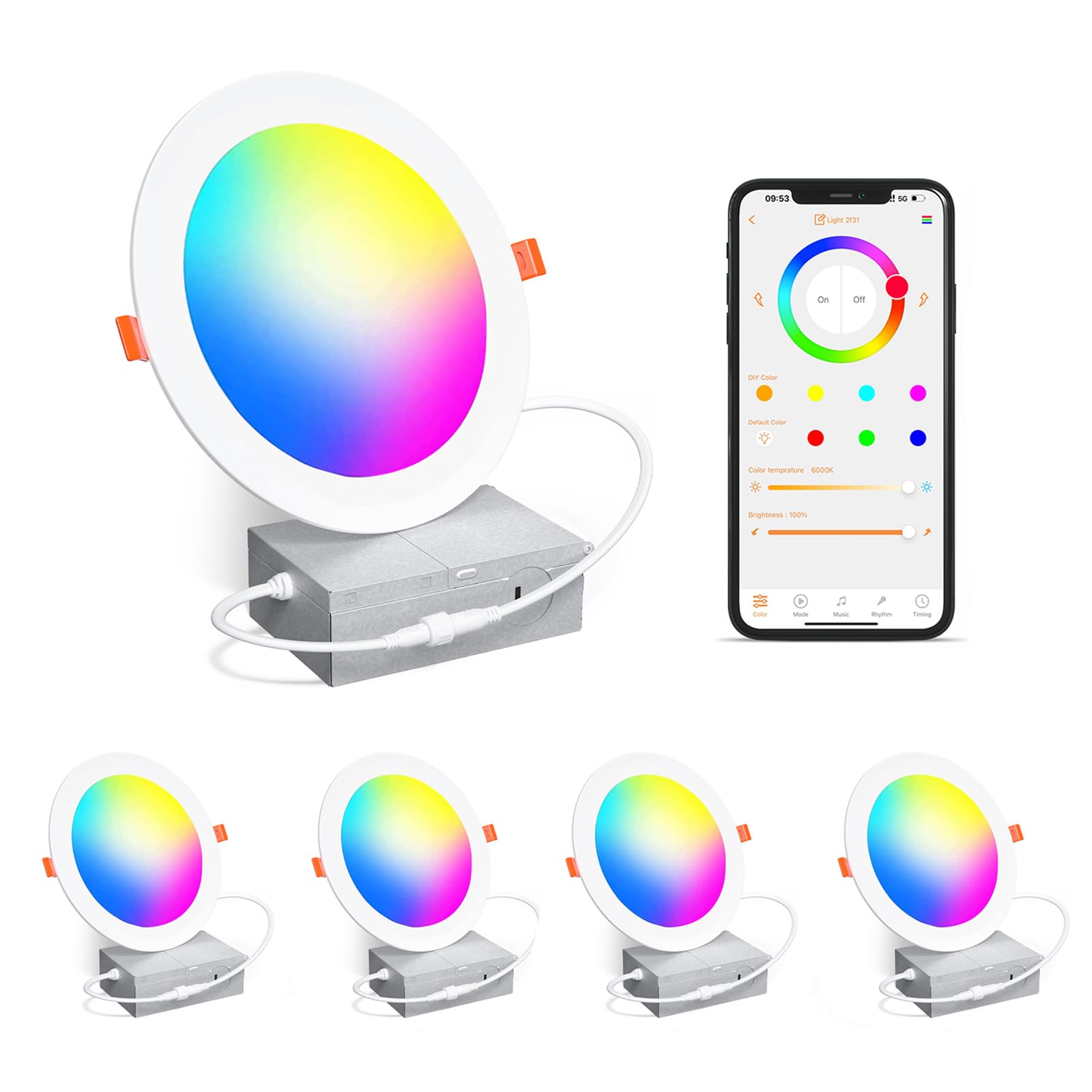 Smart Recessed Lighting 4 Inch RGBCW Color Changing 12W LED Recessed Ceiling Light with Junction Box,2700 K-6000K,1080LM Canless Downlight Compatible