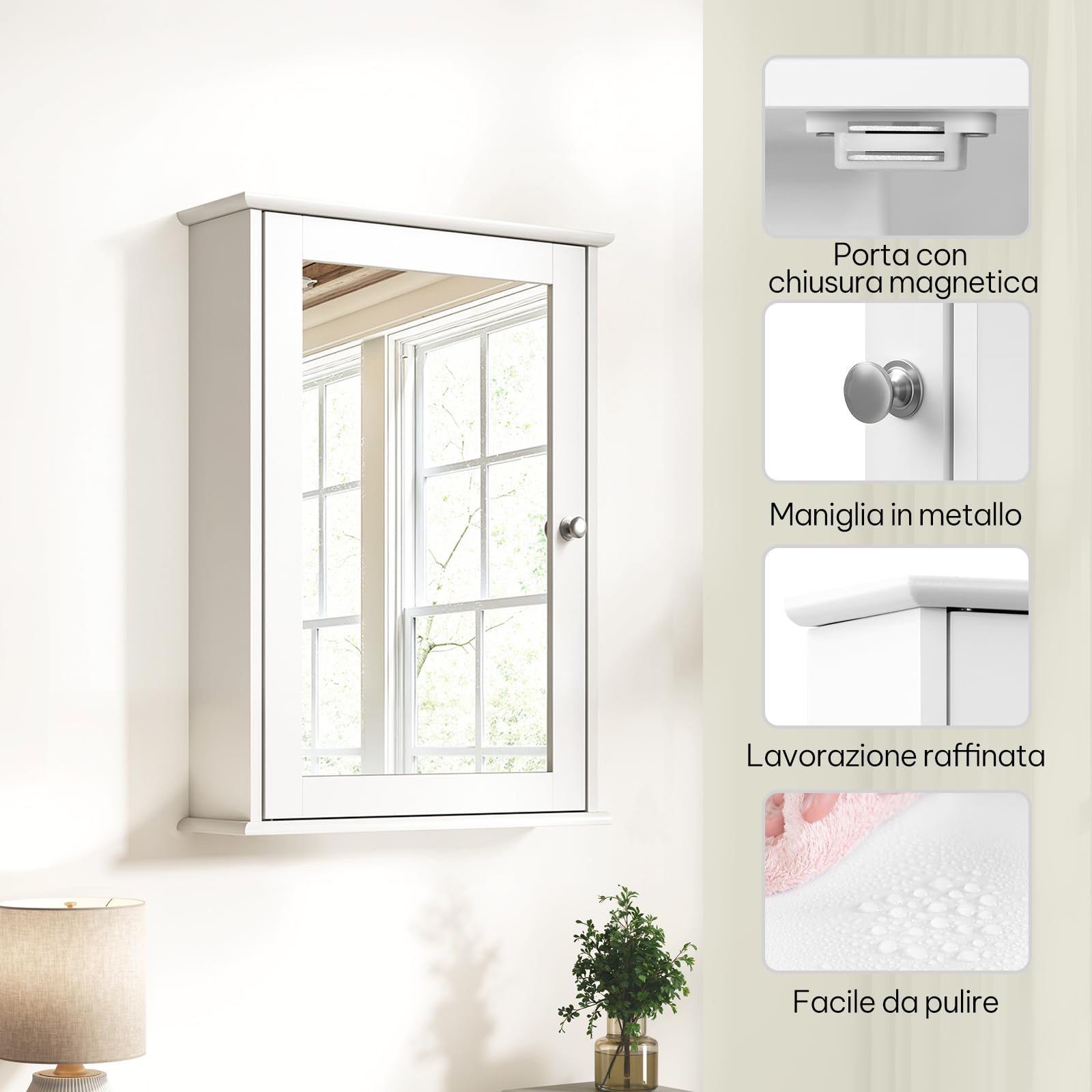 eSituro Armadietto da Bagno a 1 Ante Mobiletto Pensile con Specchiera Salvaspazio Mobile a Muro con Ripiani Regolabili, Bianco 42x12x58.5cm (LxPxA)
