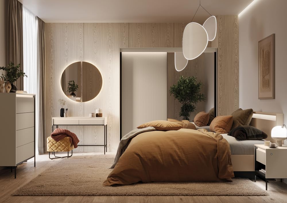 Duża szafa na ubrania TS-01 z lustrem i oświetleniem LED – dwudrzwiowa, rowkowane fronty, beżowa/czarna – 200 x 222 x 63 cm