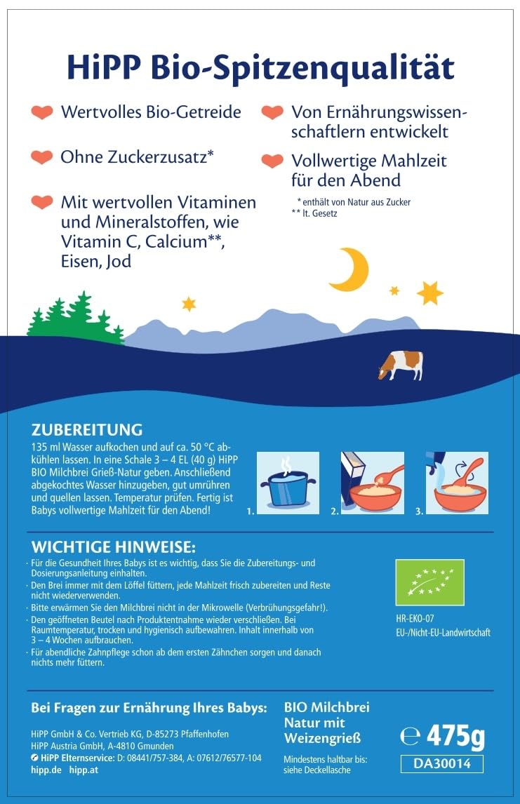 HiPP BIO Milchbrei Kindergrieß (4 x 475g), ab 6. Monat, ohne Zuckerzusatz, schonende Verarbeitung - sanft zu Babys Bäuchlein