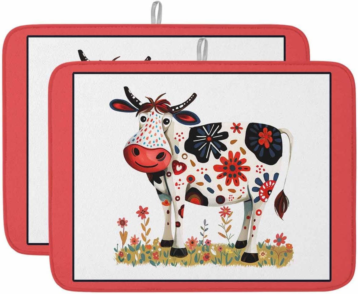Dish Drying Mat for Kitchen, Flowers Cow Cartoon Floral and Red Border Absorbent Dish Drying Pad, Kitchen Counter Mat for Dishes Utensils Camping, 18"x24"(2 Pcs)