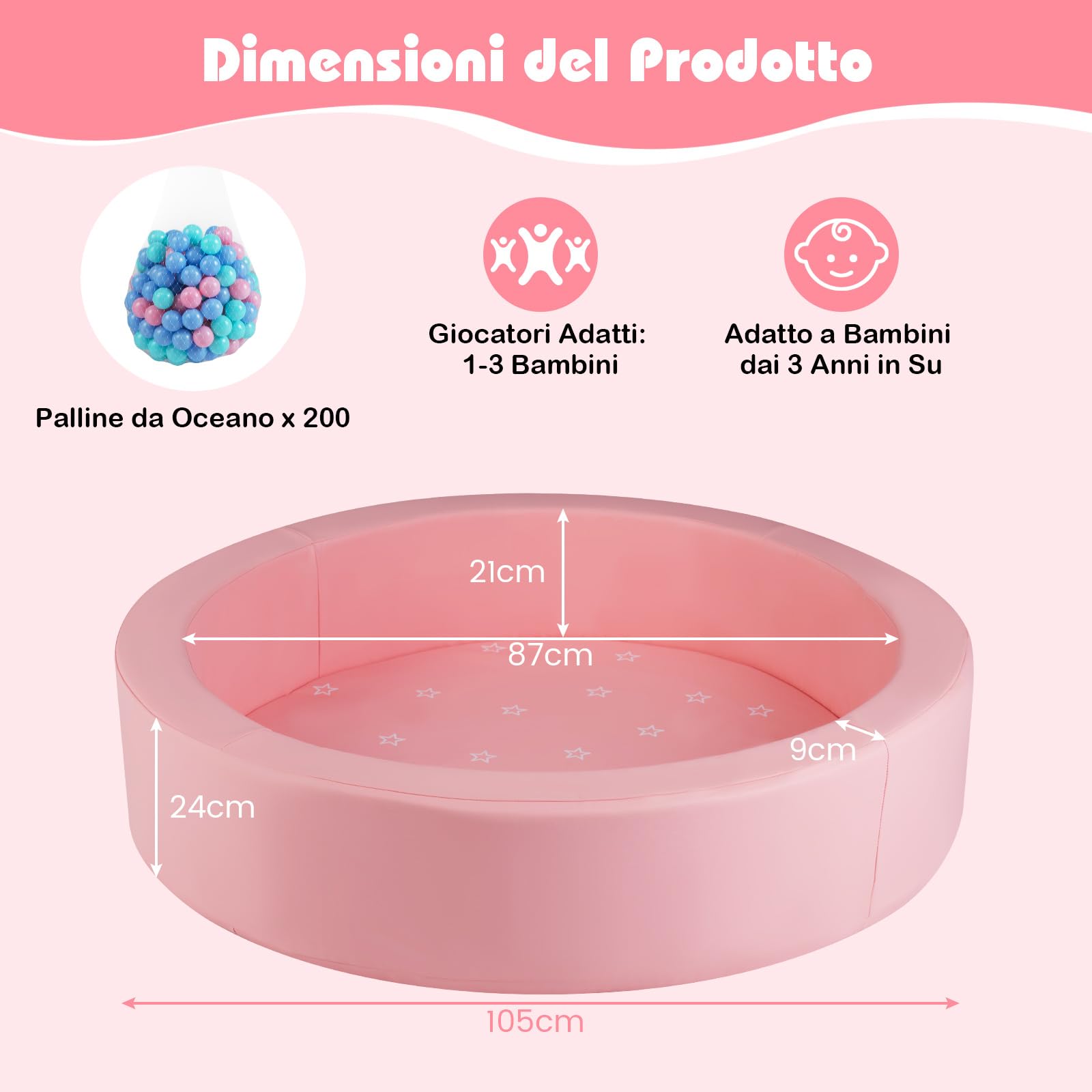 COSTWAY Piscina di Palline per Bambini, Vasca Rotonda con 200 Palline Colorate, Sacchetto in Rete e Copertura Rimovibile, Piscinetta in Morbida Schiuma per Soggiorno e Camera di Bambino (Rosa)