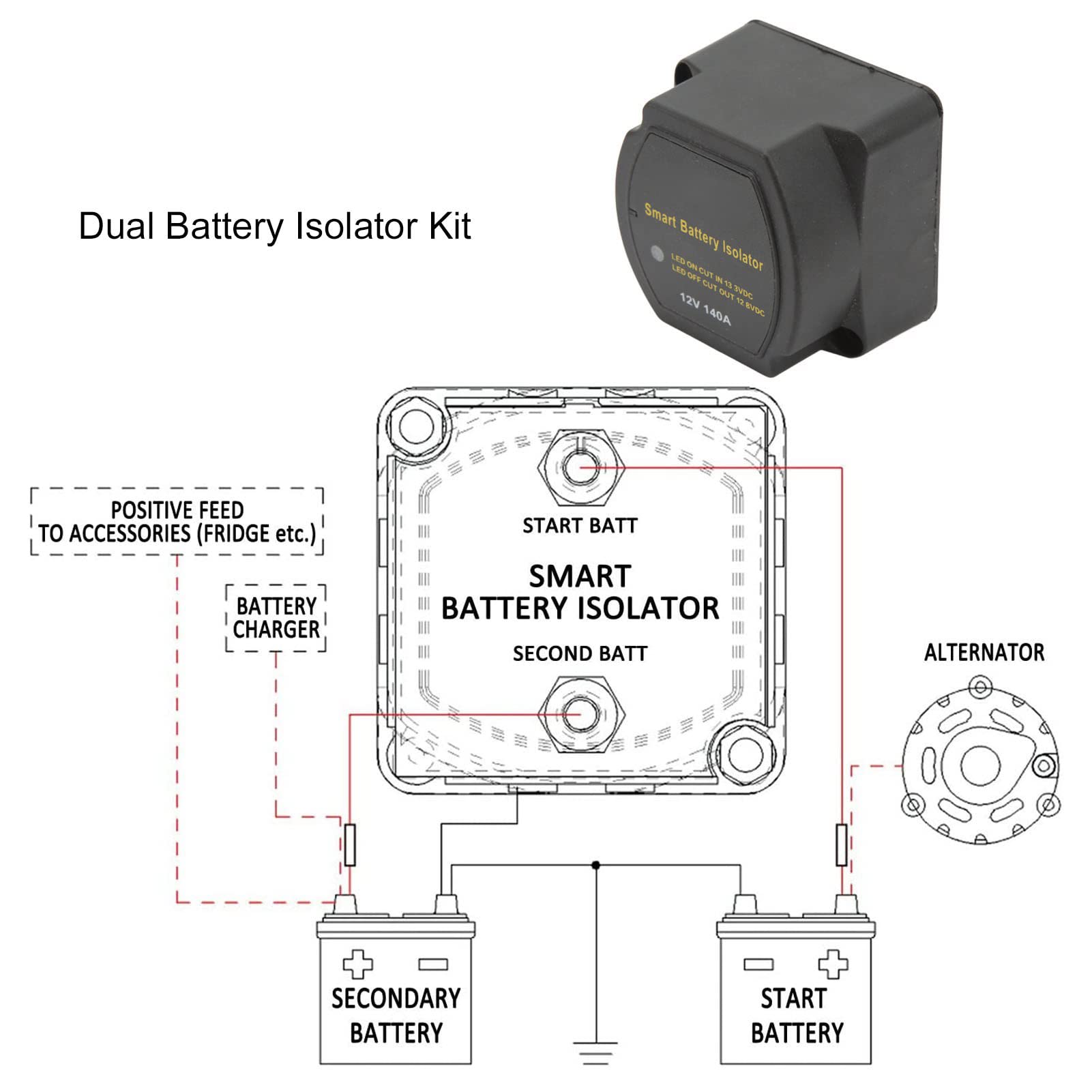 Kit de Aislador de Batería Dual, relé de Voltaje Automático de 140 Amperios para Automóviles, Camiones, Vehículos Recreativos, Barcos con Diseño Resistente Al Agua