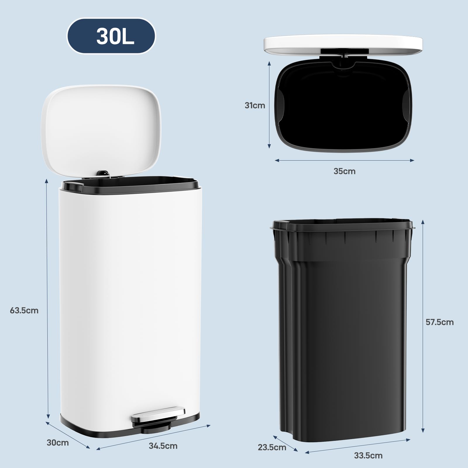 Clevich Cubo de basura de acero de 30 L, con tapa de cierre suave, peda, cubo interior extraíble de plástico, para cocina, baño, oficina, color blanco