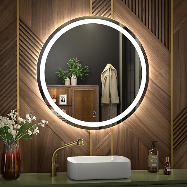 KWW Okrągłe lustro łazienkowe LED, 60 cm, regulacja temperatury barwowej, światło przeciwmgielne, możliwość ściemniania, mocowanie na ścianie, z przyciskiem Smart Touch