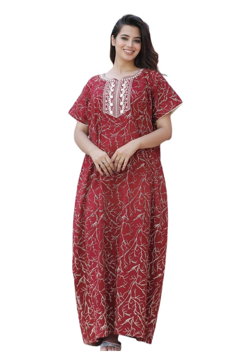Cotton Gown for Women, Floral Branch Print, Short Flutter Sleeves, Maxi Length, Ethnic Style Nightgown (Pack of 1)-image-35