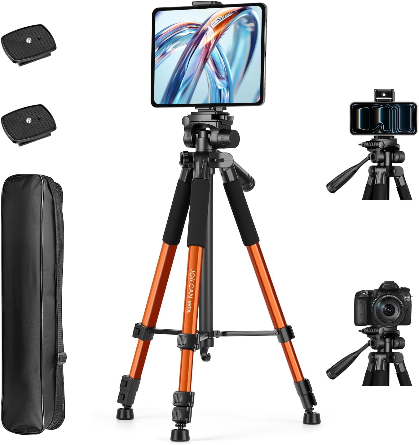 JOILCAN 67" Phone iPad Tripod, Professional Camera Tripod Stand for Tablet iPhone with 2-in-1 Holder & Carry Bag, Extendable Travel Tripod for Cellphone Camera Video Recording Live Vlog (Orange)