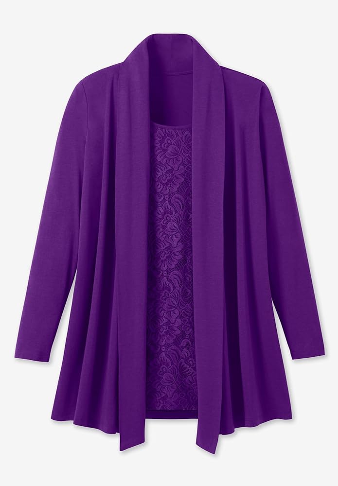 トップス POLYPLOID 23AW Cardigan B purple size:2 Woman Within Plus Size 2-Fer Cardigan & Attached Lace Tunic