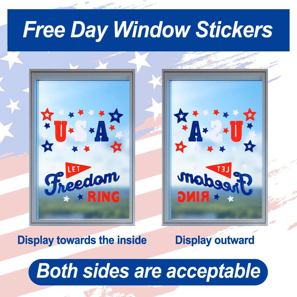 JOICEE 6 Sheets 4th of July Gel Window Clings, American Flag Red Blue White Star Patriotic Double-Sided Window Gel Stickers for Patriotic Memorial Independence Day Home School Office Party Decor