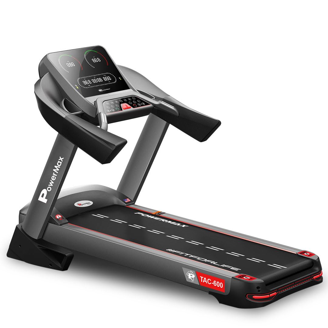 PowerMax Fitness TAC-600 6.0HP Peak AC Motorized Commercial Auto Incline Treadmill for Home, Gym Club, Max User 150kg, Running Deck 1500x520mm, Top Speed 20kmph, Auto Lubrication, Cardio Workout