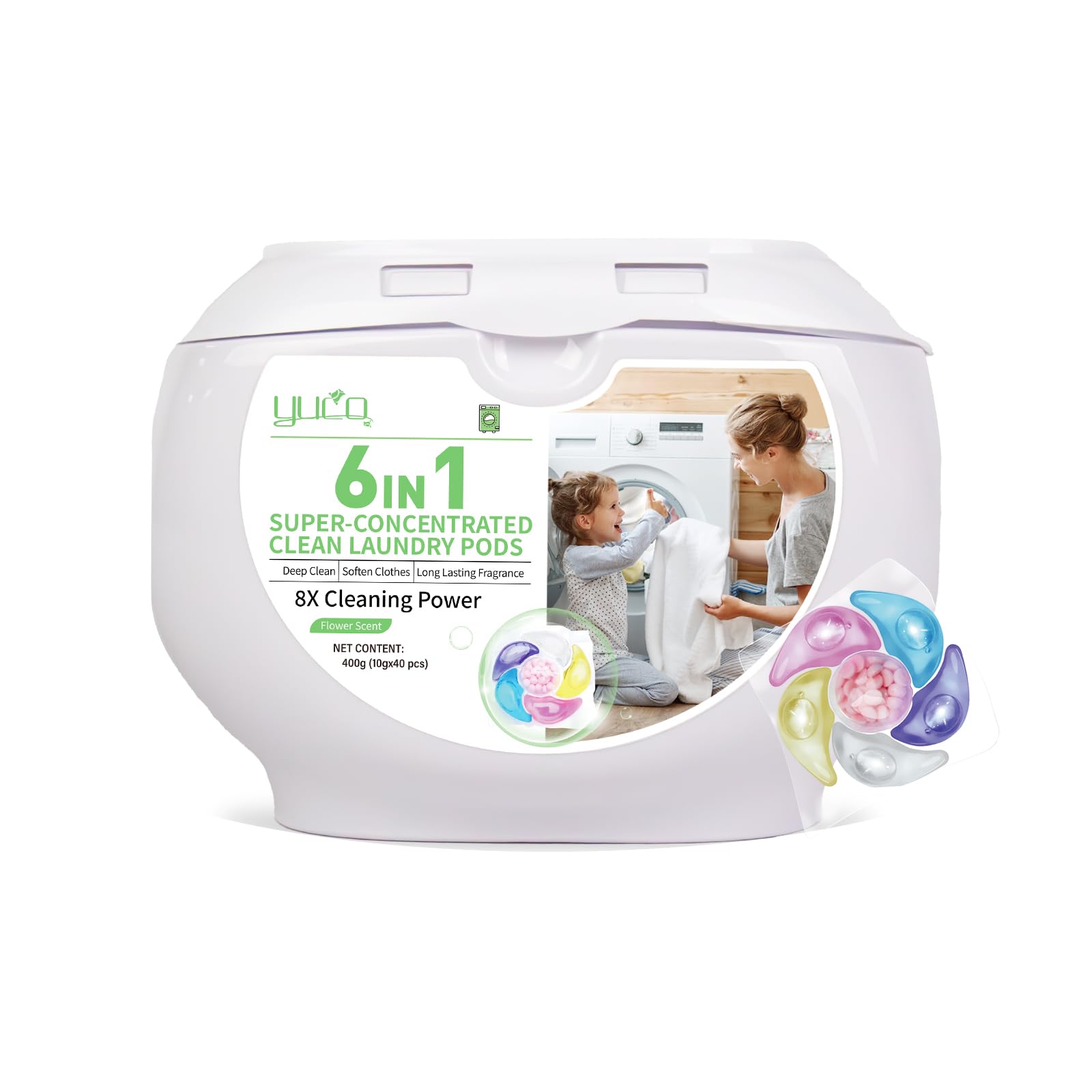 YUCO Pods Laundry Detergent Hypoallergenic,Powerful 6IN1 Detergent Pod,Scent Beads New Formula,Helps to Keep Garment Fresh Clean,Soft and Fragrant (1 Box of 40 Pod,Net 10g/pod,Net 400g)