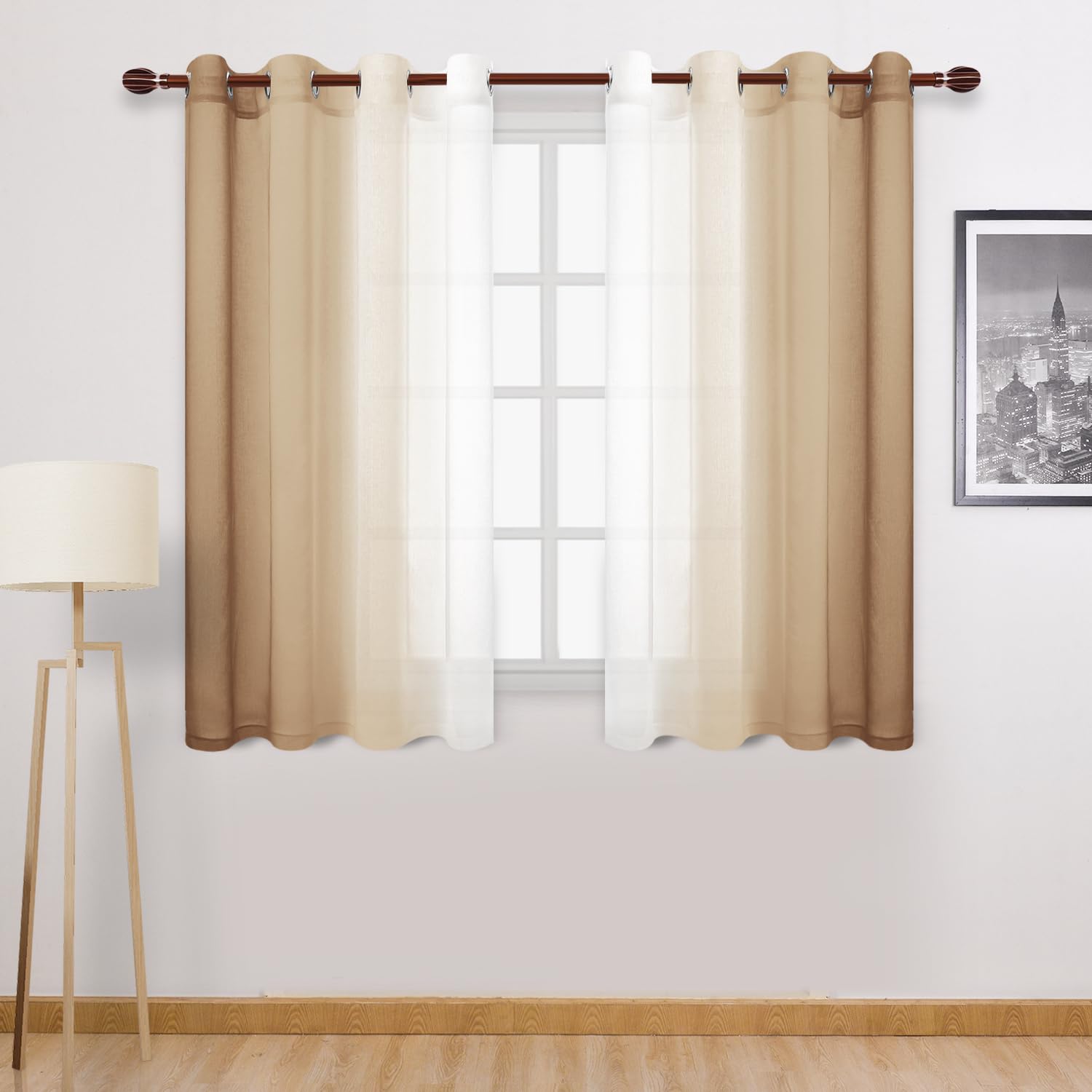DWCN Ombre Short Sheer Curtains - Faux Linen Semi Voile Gradient Light-Filtering Bedroom and Living Room Curtains, Set of 2 Grommet Top Window Drape Panels, 52 x 45 Inch Length, Taupe