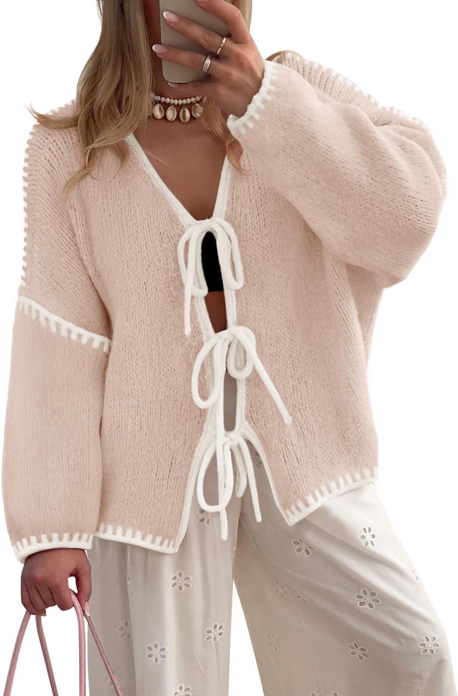 ZESICA Crdigans for Women Trendy 2026 Tie Front Bow Sweaters Casual Long Sleeve Winter Clothing Coats