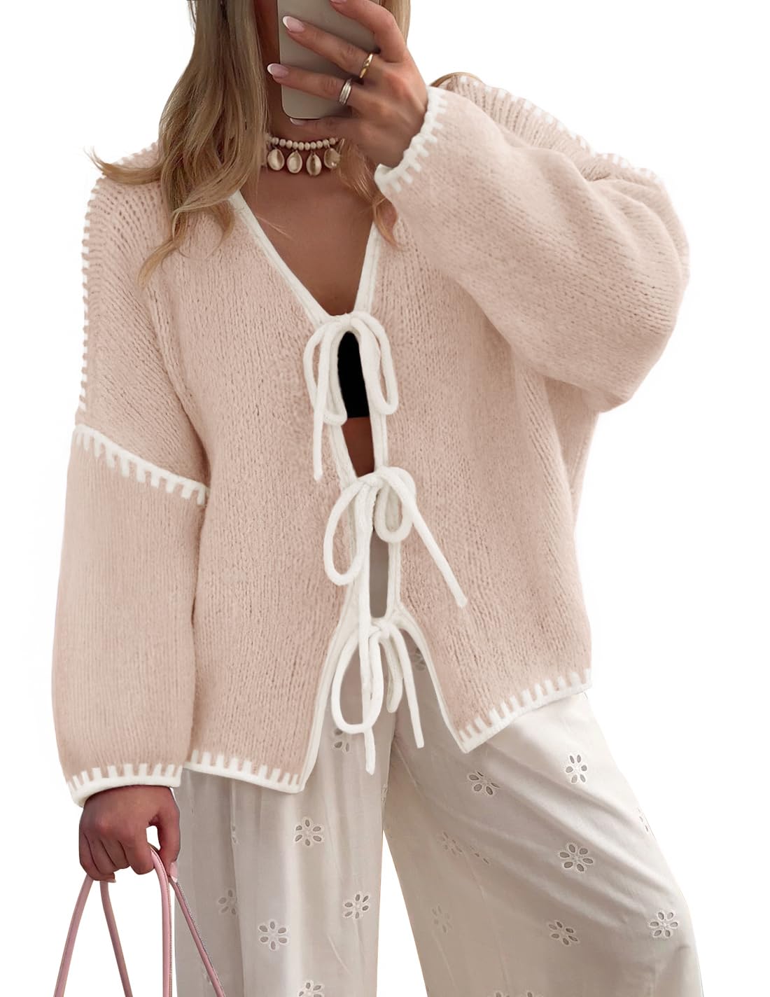 ZESICA Crdigans for Women Trendy 2026 Tie Front Bow Sweaters Casual Long Sleeve Winter Clothing Coats