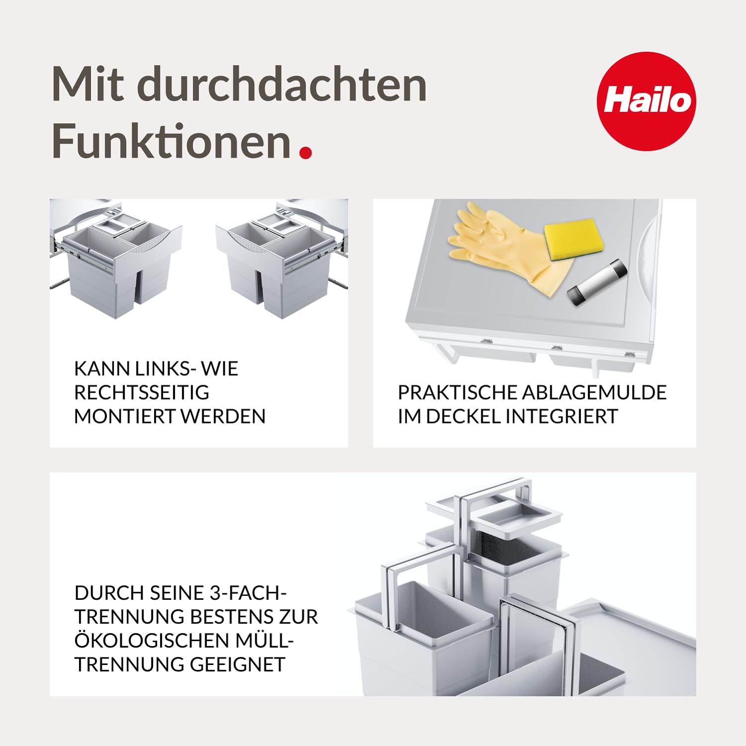Hailo Raumspar Tandem Einbau-Mülltrenner 3 Fächer 12 L 2x 8 L Vollauszug Hellgrau