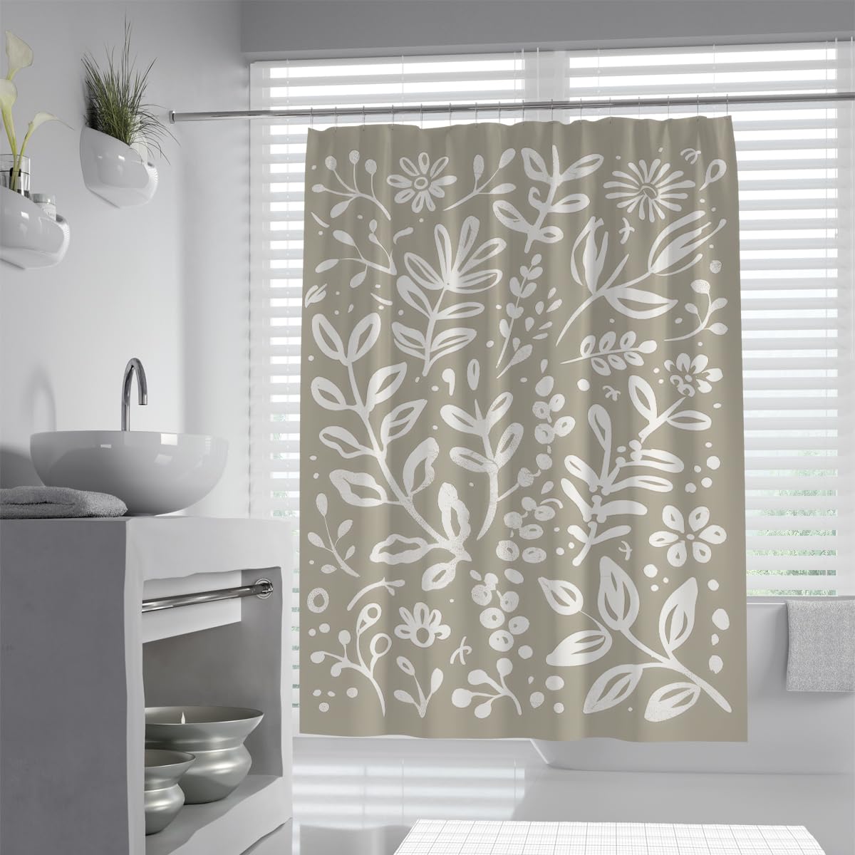 UIRINGART Floral Bathroom Curtains W120xL200cm Abstract Wildflower and Botanical Leaf Branch Pattern Mildew Mould Resistant Polyester Fabric Shower Curtain