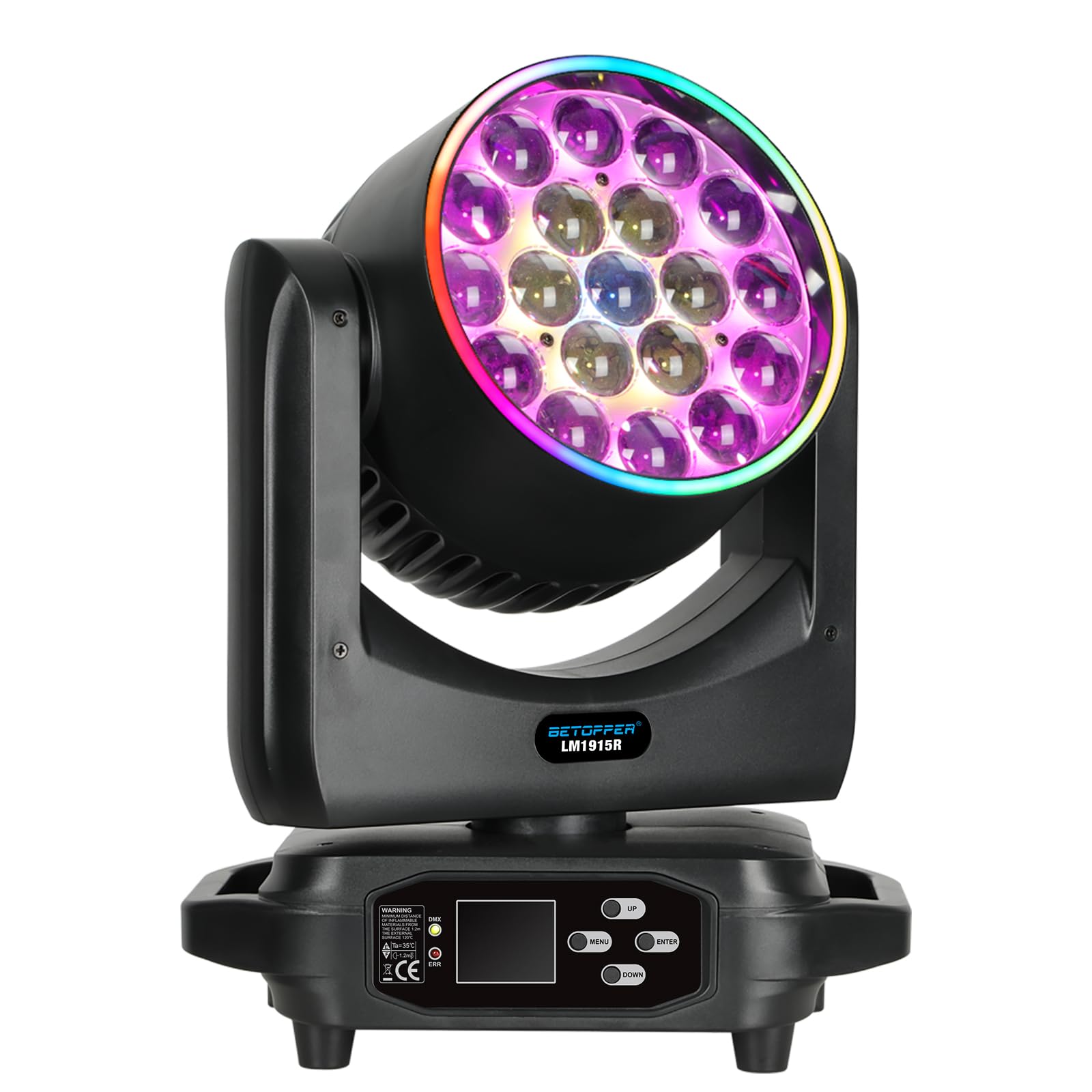 BETOPPER Lumière de Scène Lyre LED Moving Head Lampe 19x15W RGBW DMX 4 en 1 Éclairage de Scène Projecteur DJ avec Effets de Bande Lumineuse, Mariages, Fêtes, Clubs (Onesize)