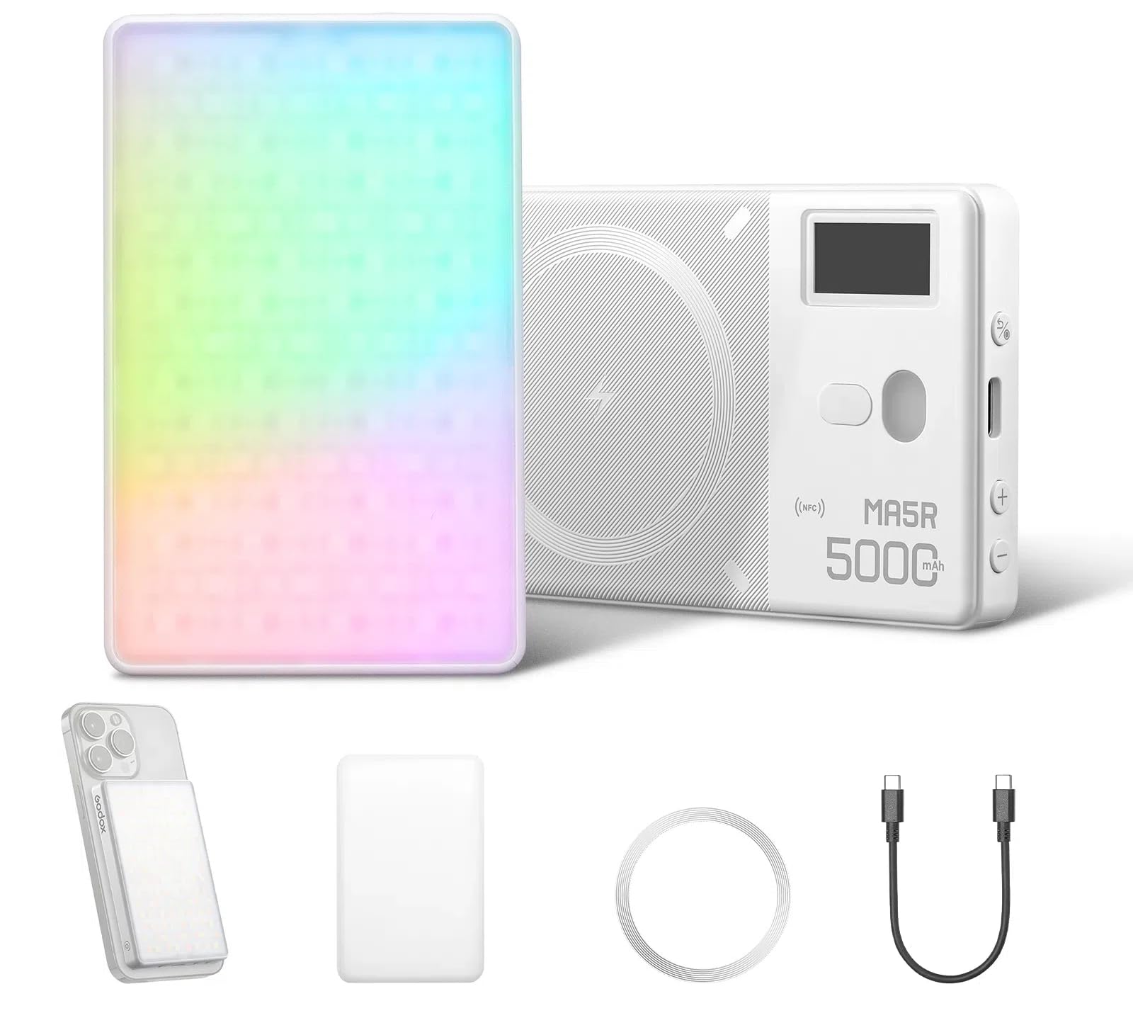 Godox MA5R RGB LED Light for iPhone 16/15/14, 1800-10000K Pocket Vdieo Panel Light,14 FX Effects, 4900mAh Battery, Magnetic Dual-Side Lighting&LCD