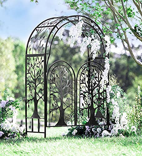 Image of Plow & Hearth Metal Tree of Life Arched Garden Arbor with Gate | 7 feet Tall Laser-Cut Design | Plant Support for Heavy Vines | Landscape Focal Point | Iron Steel