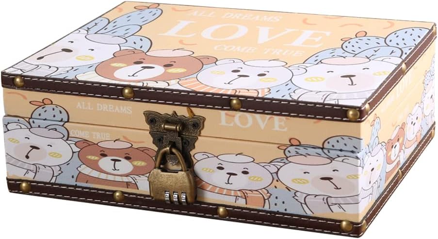 Wood and Leather Treasure Chest with Lid and Lock-Decorative Jewelry Keepsake Storage Box for Girls Women ,for Birthday Wedding Nursery Office Home Decoration, Lovely Bear Pattern (10.6"*8.5"*3.7")