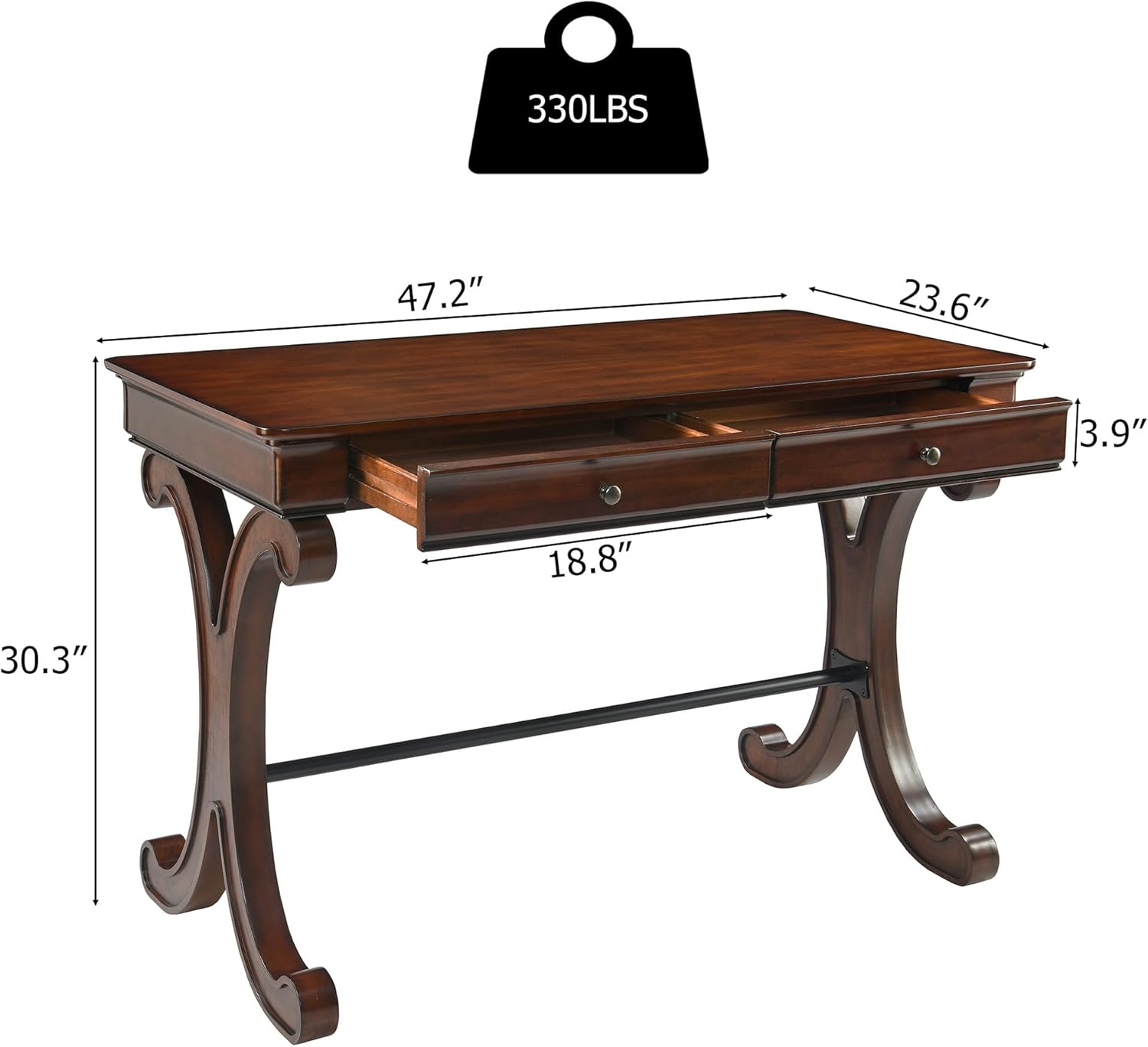 Traditional Wood Writing Desk with 2 Drawers, 47.2" Large Work Desk with Ample Tabletop and Curved Legs, Big Secretary Table in Cherry Walnut for Home Office, SSZ-D0036