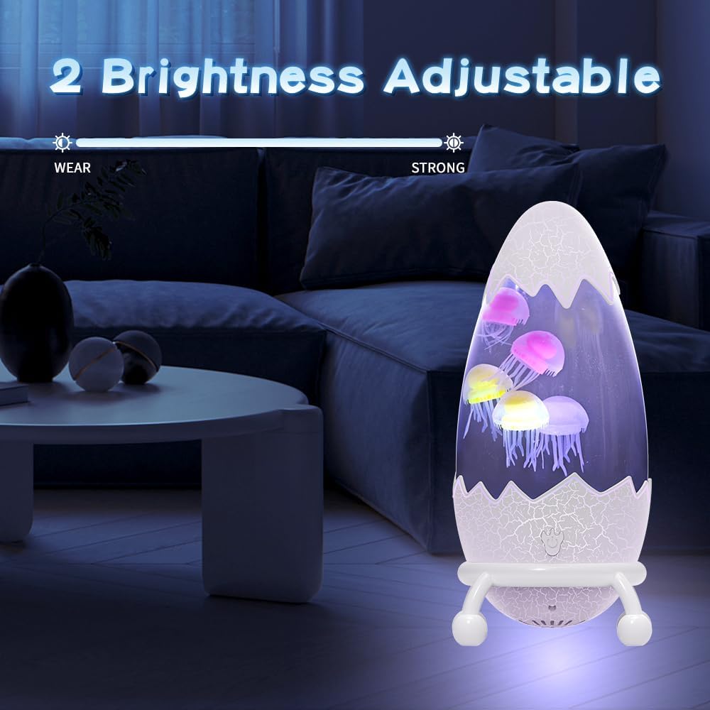 Cracked Dinosaur Egg Jellyfish Lamp, USB Powered Hatching Dino Egg Night Light with 13 Color Changing RGB LED & Auto Floating Jellyfish for Bedroom, Party, Home Decor-White